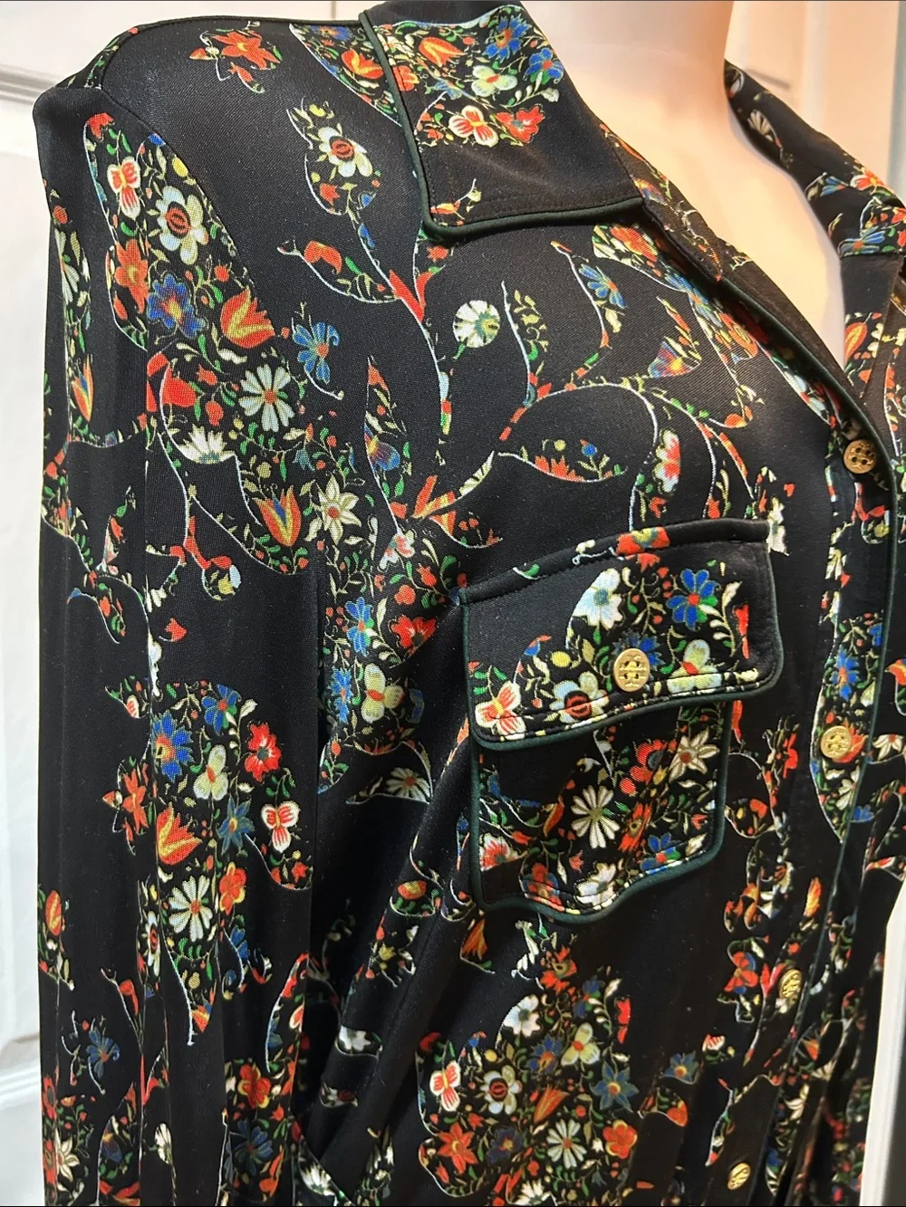 Tory Burch Black Floral Long Sleeve Shirt Dress